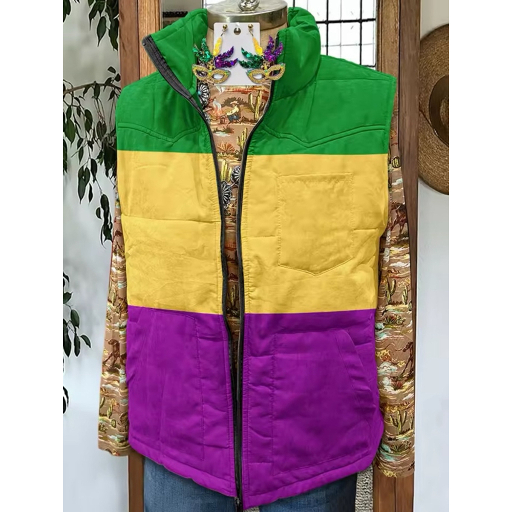 Mardi Gras Purple Green and Gold Colorblock Puffer Vest with Pockets - Picture 2 of 3